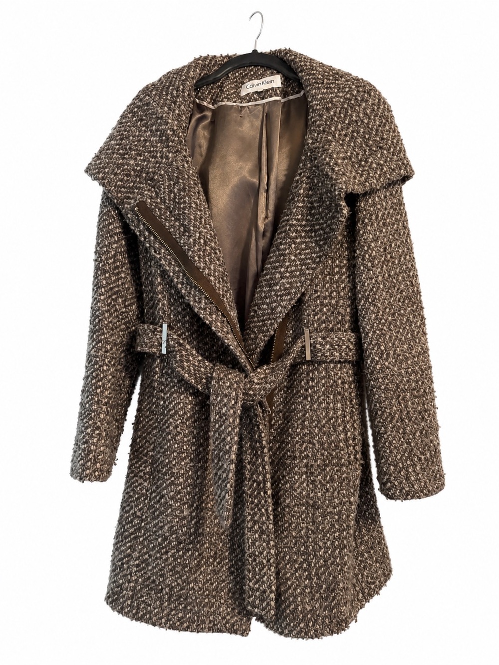 Calvin Klein Brown Tweed Belted Trench Coat size small